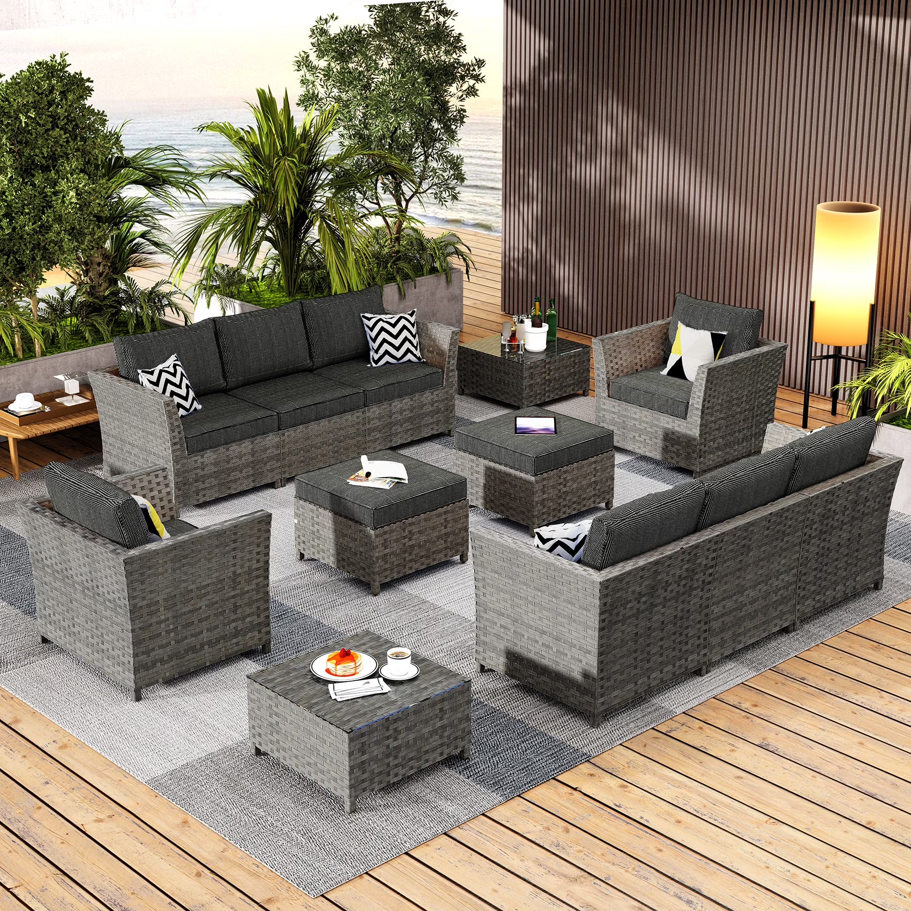 HOOOWOOO Outdoor Patio Furniture Set 12 Pieces Wicker Sectional Conversation Set No Assembly Modular Sofa Chair Set,Black