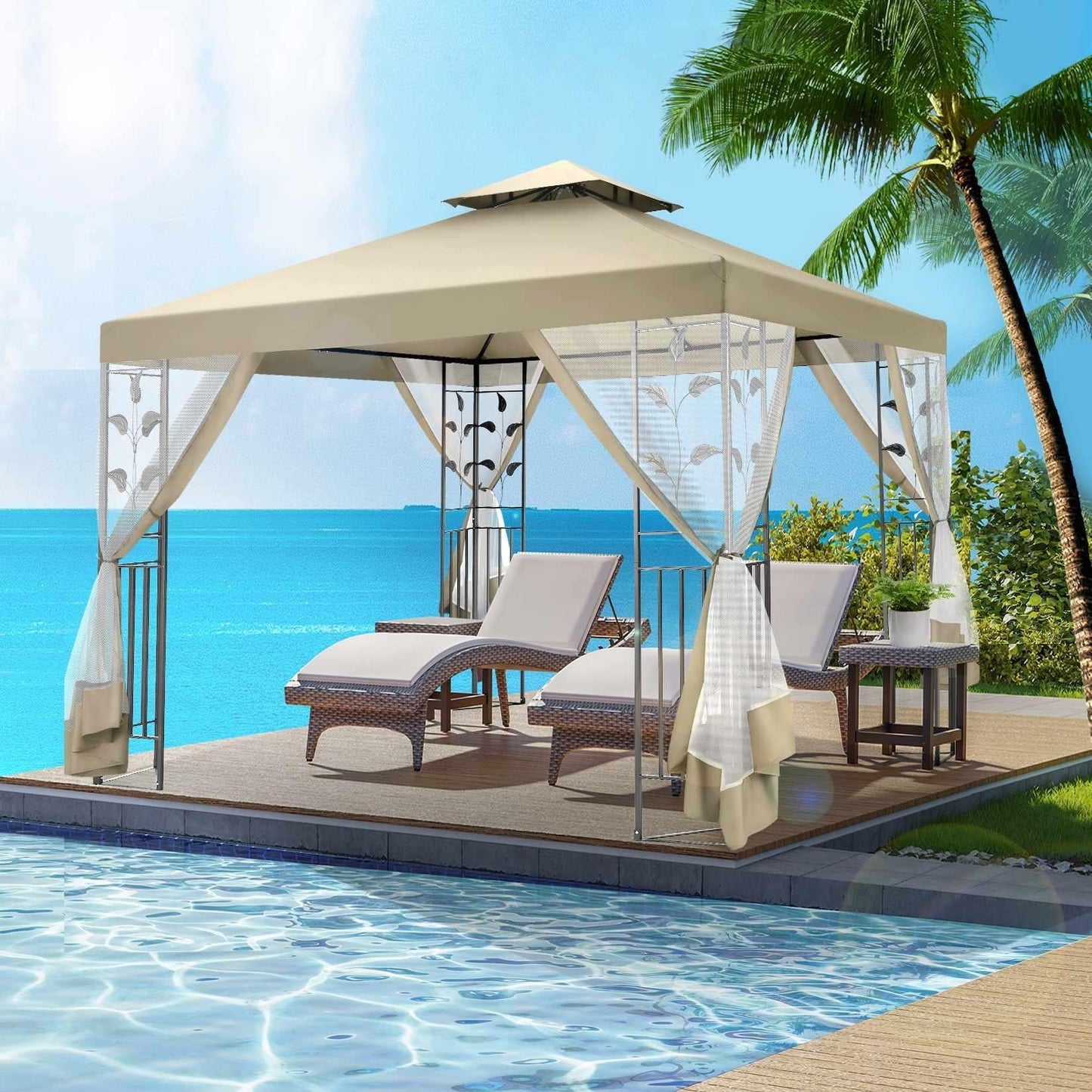 SANOPY 10'x 10' Metal Patio Gazebo, Outdoor Gazebo Canopy Tent for Backyard with Mesh Privacy Curtains, Gazebos Shelter with Display Shelves, Steel Frame, Patio Covers for Shade and Rain