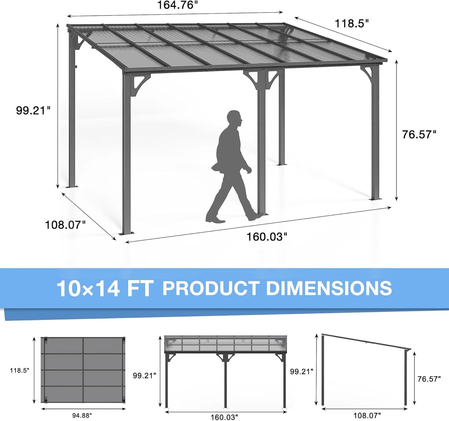 MUCHANT 10x8 FT Gazebo, Splicable Wall Mounted Gazebo & Pergola with Aluminum Frame, Awnings for Patio, for Backyard, Deck, Gray