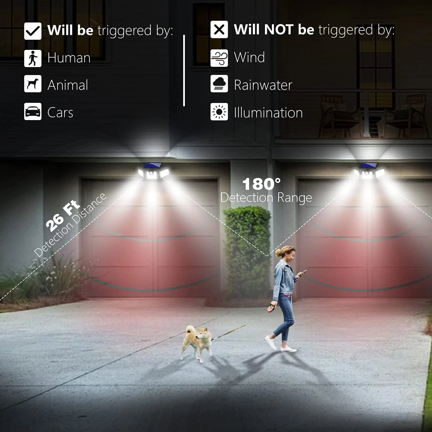 Solar Lights Outdoor, 2Pcs Solar Security Lights Motion Sensor Outdoor Flood Lights, Solar Porch Shop Light 270° Wide Angle Illumination,3 Heads Adjustable IP65 74 LEDs for Home Garden Patio Yard