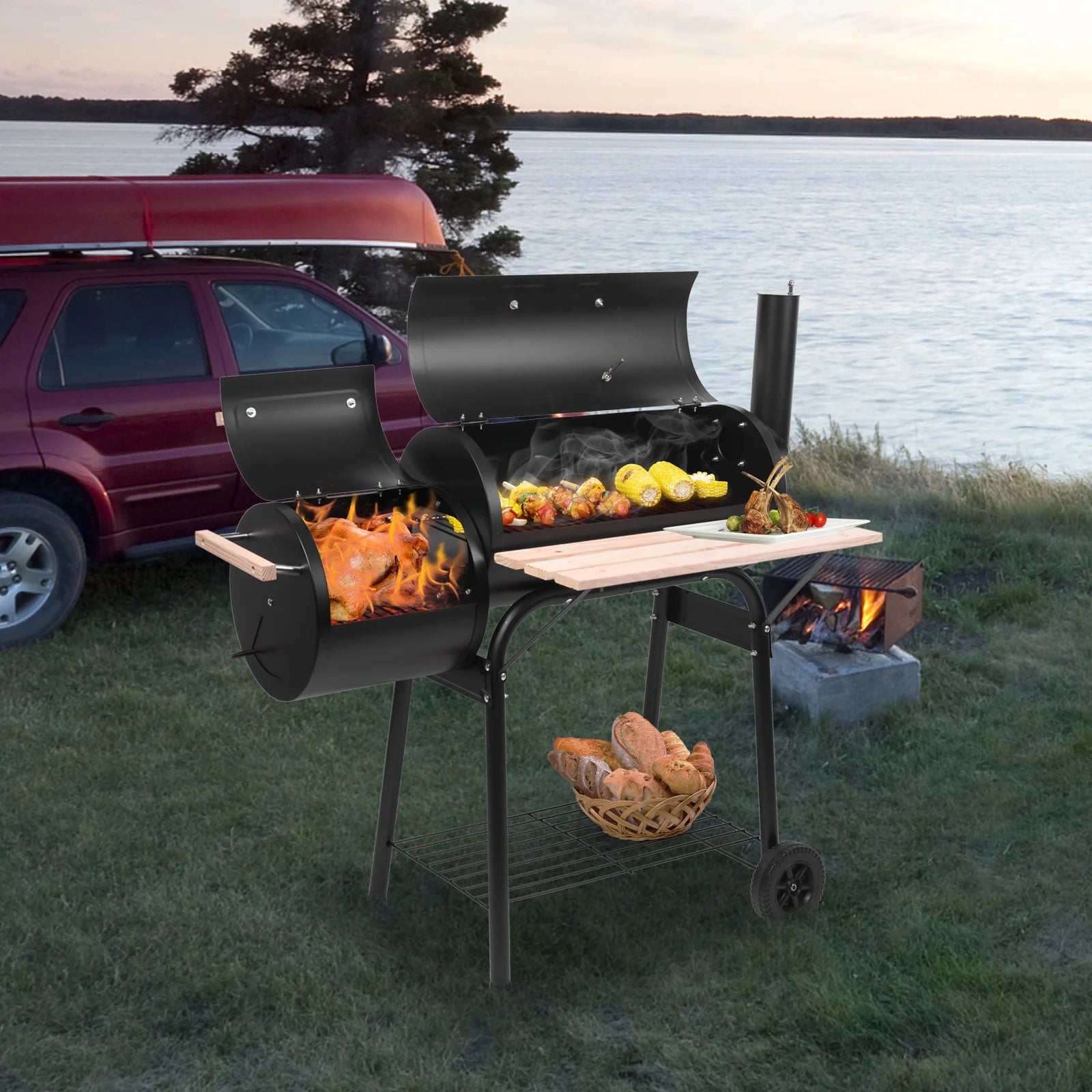 Qiushi BBQ Charcoal Grill, Outdoor Patio Barbecue Cooker with Offset Smoker, Wheels and Tray for Balcony Picnics, Party and Camping