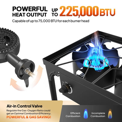 VINGLI 3 Burner High Pressure Outdoor Camping Burner, 225,000 BTU Propane Gas Stove with CSA Listed Regulator, Picnic Cooker Perfect for Home Brewing Maple Syrup Patio Turkey Frying Canning