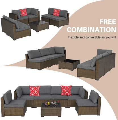 Kinbor 7pcs Outdoor Patio Rattan Wicker Furniture Sectional Sofa Set with Gray Cushions