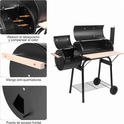 Oil Drum Charcoal Furnace Grill & High-Temperature Offset Smoker - Camping BBQ with Side Fire Box, Wheels, Thermometer & Chimney - Portable Outdoor Barbecue for Backyard, Patio, Picnics & Tailgating