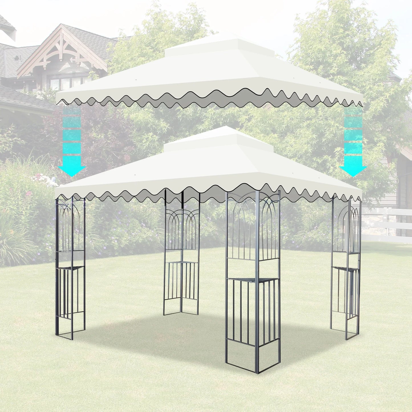 10x10 Ft Replacement Gazebo Canopy, Double Tiered Outdoor Patio Tent Roof Cover with Wavy Border, UV Protection & Water Repellent Polyester Fabric, Khaki (Frame Not Included)