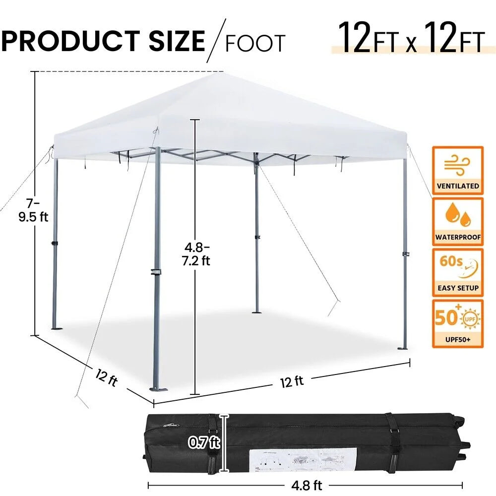 CHLET Pop-up Canopy Tent Integrated Wheels for Mobility, Waterpoof & Heavy Duty, Instant Sun Shelter with Carry Bag, Weight Bags for Outdoor Camping Beach Patio Parties,8x8,White
