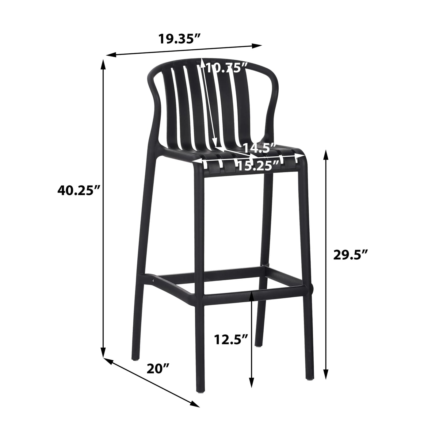Orion 29.5" Modern Outdoor Patio Bar Stools, Perforated Slat Back, Black, Set of 2