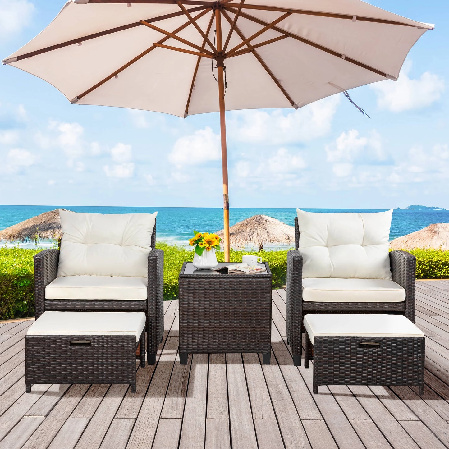 Sobaniilo 5 Piece Patio Furniture Set,Outdoor PE Wicker Patio Chair Two with Ottoman Underneath, Wicker Lounge Chair with Side Table, Beige