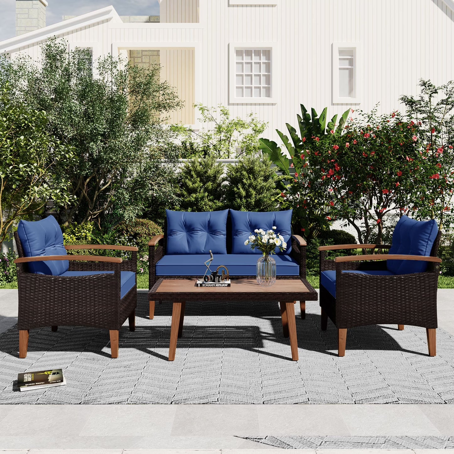 4 Piece Garden Furniture Set, Patio Seating Set with Wood Table, PE Rattan Sofa and 2 Chairs, Outdoor Conversation Set with Table Cover, Pillows and Adjustable Feet, Brown+Beige