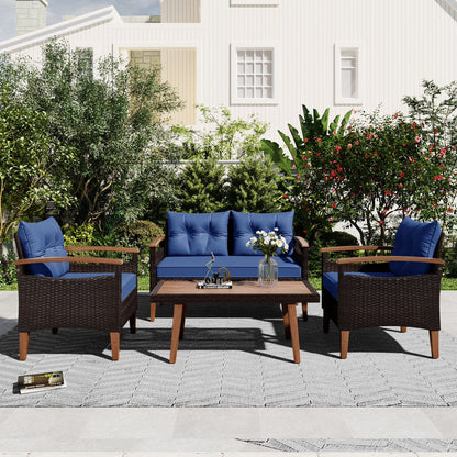 4 Piece Garden Furniture Set, Patio Seating Set with Wood Table, PE Rattan Sofa and 2 Chairs, Outdoor Conversation Set with Table Cover, Pillows and Adjustable Feet, Brown+Beige