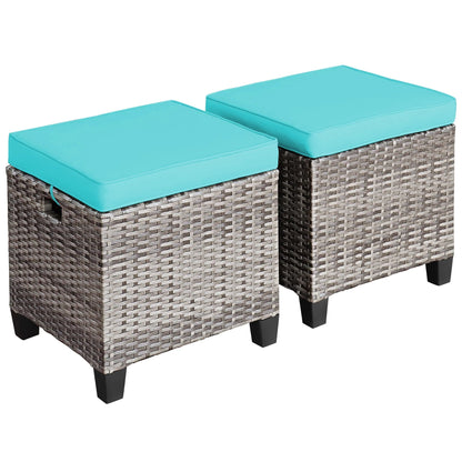 Costway 2PCS Patio Rattan Cushioned Ottoman Seat Foot Rest TableTurquoise