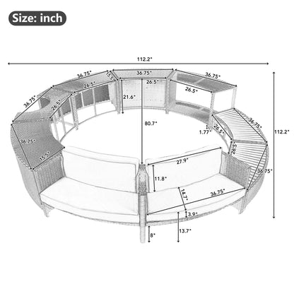 Round Hot Tub Surround Furniture, Spa Surround Outdoor Rattan Sectional Sofa Set with Mini Sofa, Solid Acacia Wood Hot Tub Storage Surround Patio Furniture Set, Gray Cushion