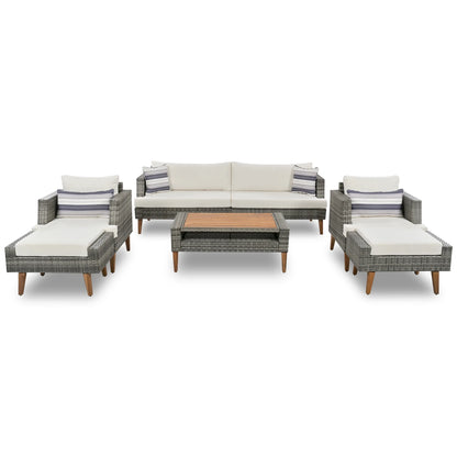 6 Pieces Wicker Patio Furniture Set Outdoor Conversation Set, All Weather PE Rattan Sectional Sofa Couch with Storage Table and Cushions, Beige