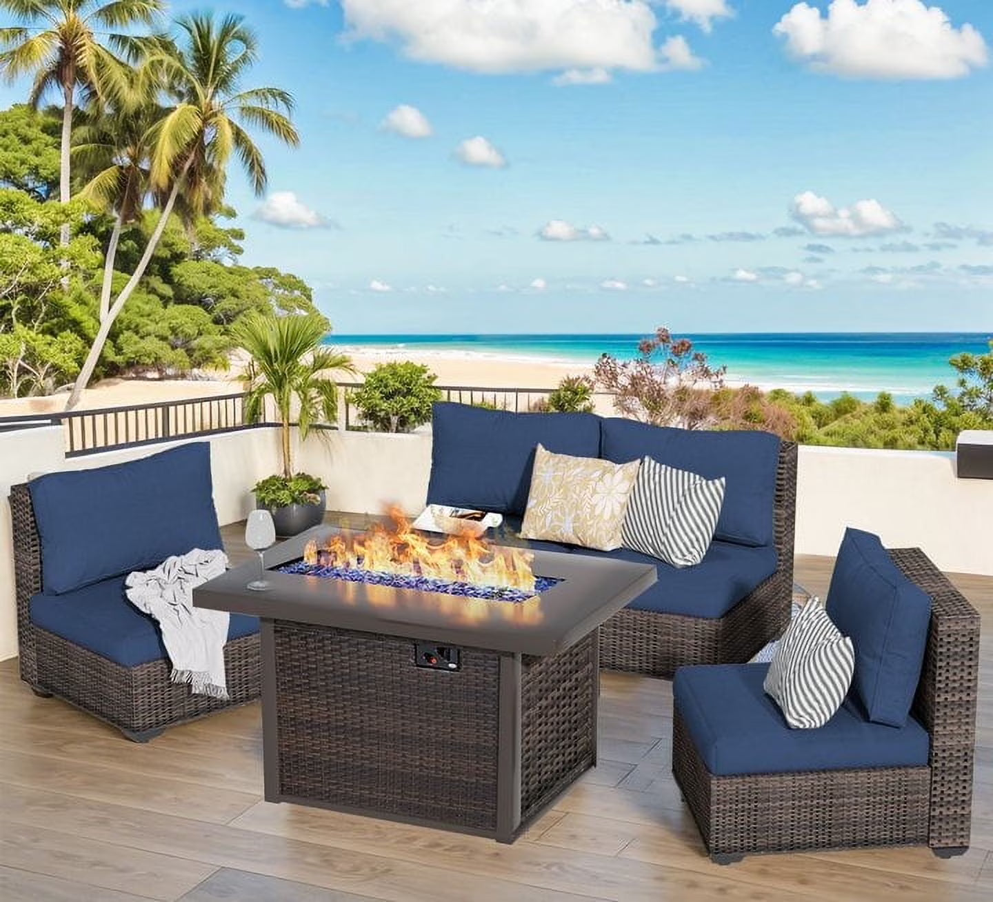 Gaildon 5 Piece Patio Furniture Set with Fire Pit Table, All Weather Outdoor Sectional PE Rattan, Patio Conversation Sets with Cushions for Garden Lawn Balcony Porch Deck, Grey