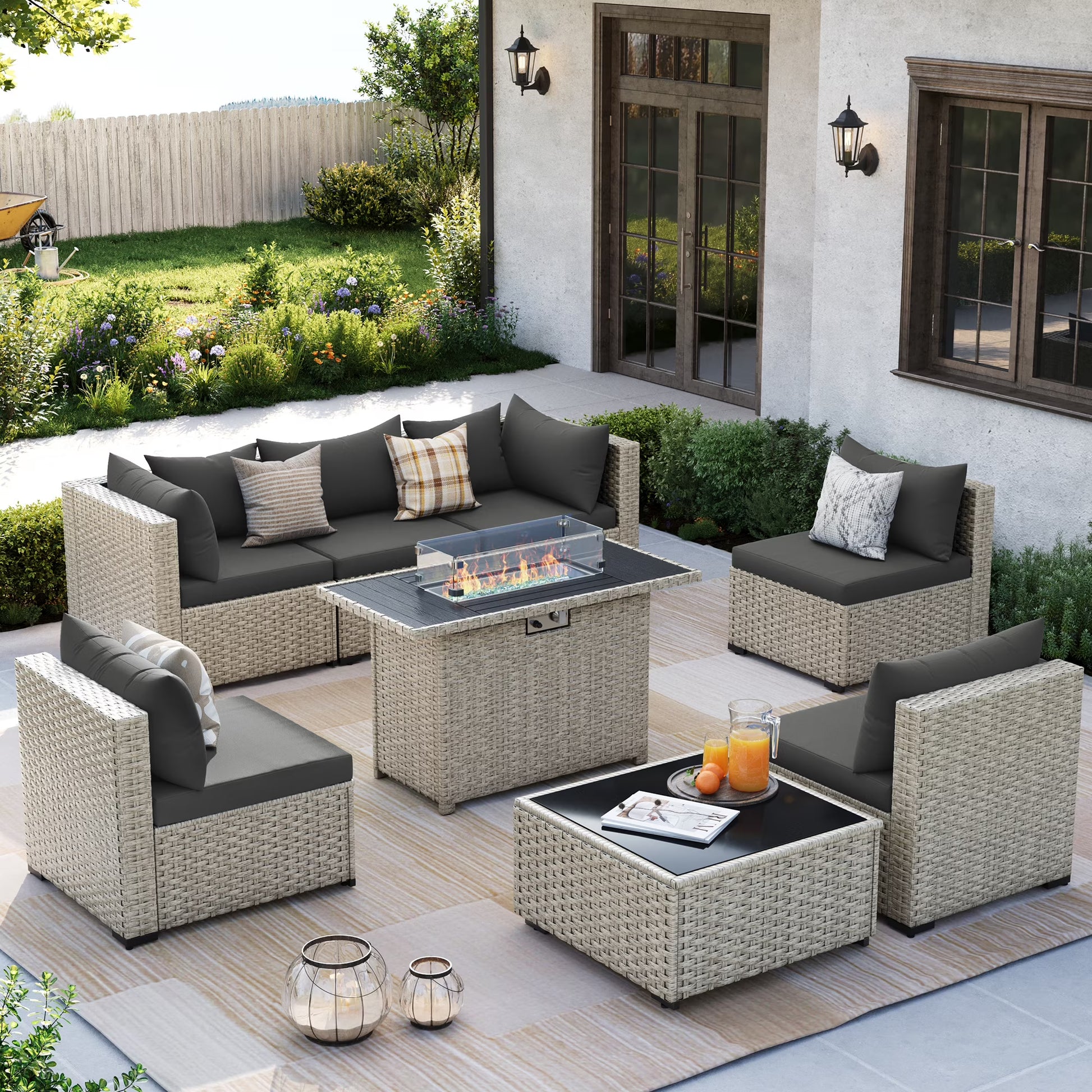 MRUAKA 8 Pieces Patio Furniture Set with Fire Pit Table, Outdoor Furniture Sectional Rattan Sofa with Slanted Back, Patio Couch with Glass Coffee Table for Backyard Garden (Dark Grey)