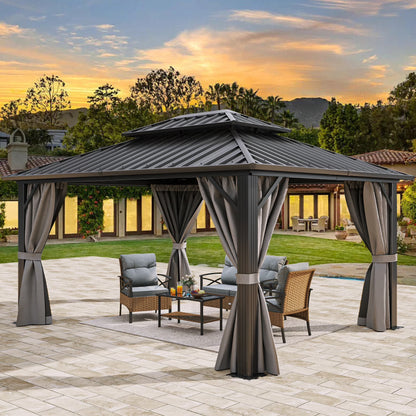 Dextrus 10x12ft Double Roof Hardtop Gazebo with Netting& Curtains, Double Galvanized Iron Aluminum Frame Outdoor White Gazebo,Ideal for Patio, Backyard,Deck and Lawns,Grey Curtain