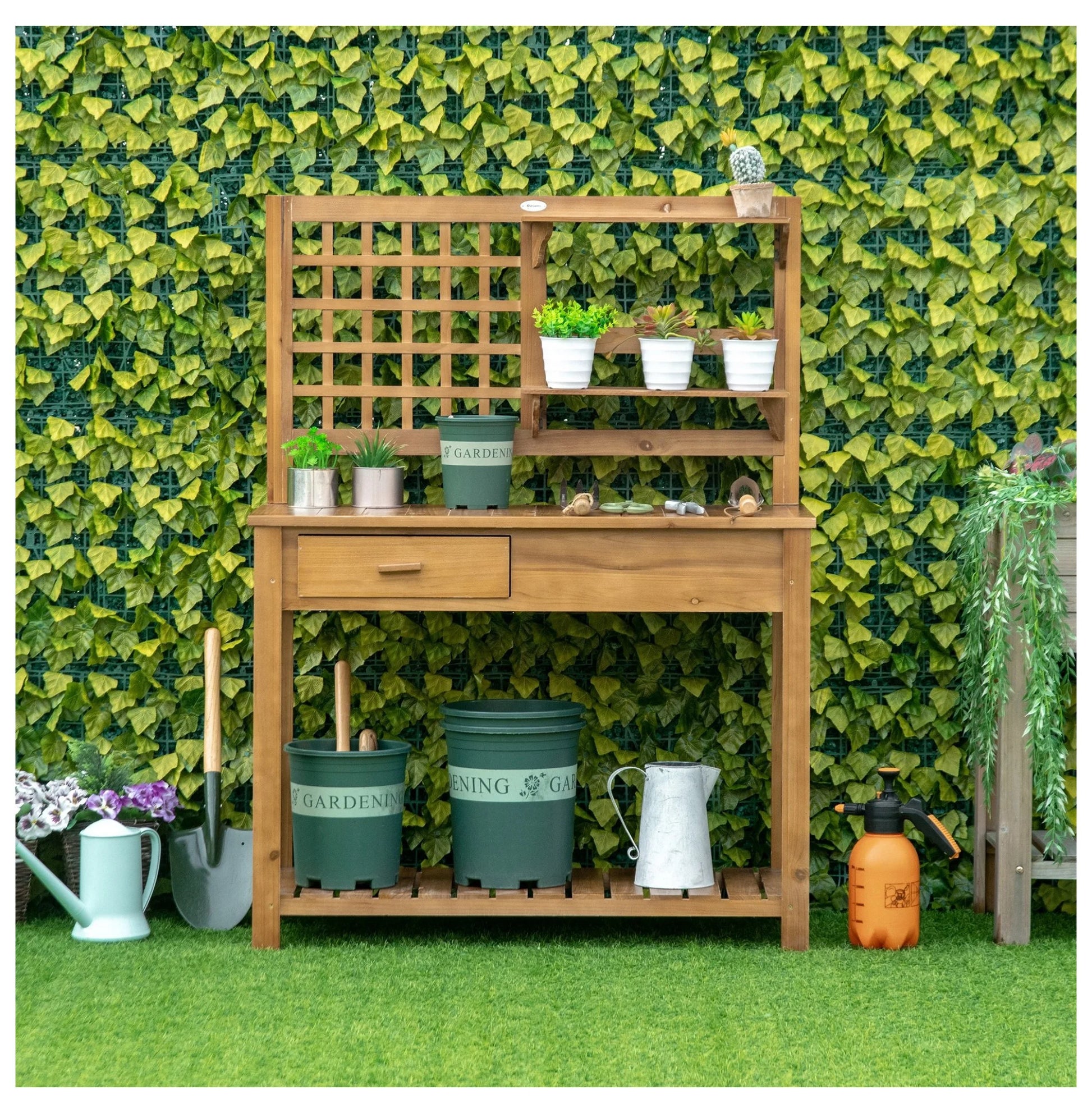 Potting Table Garden Workstation, Outdoor Wooden Workbench with Shelves & Drawer, Patio Plant Stand for Courtyard, Balcony - Brown