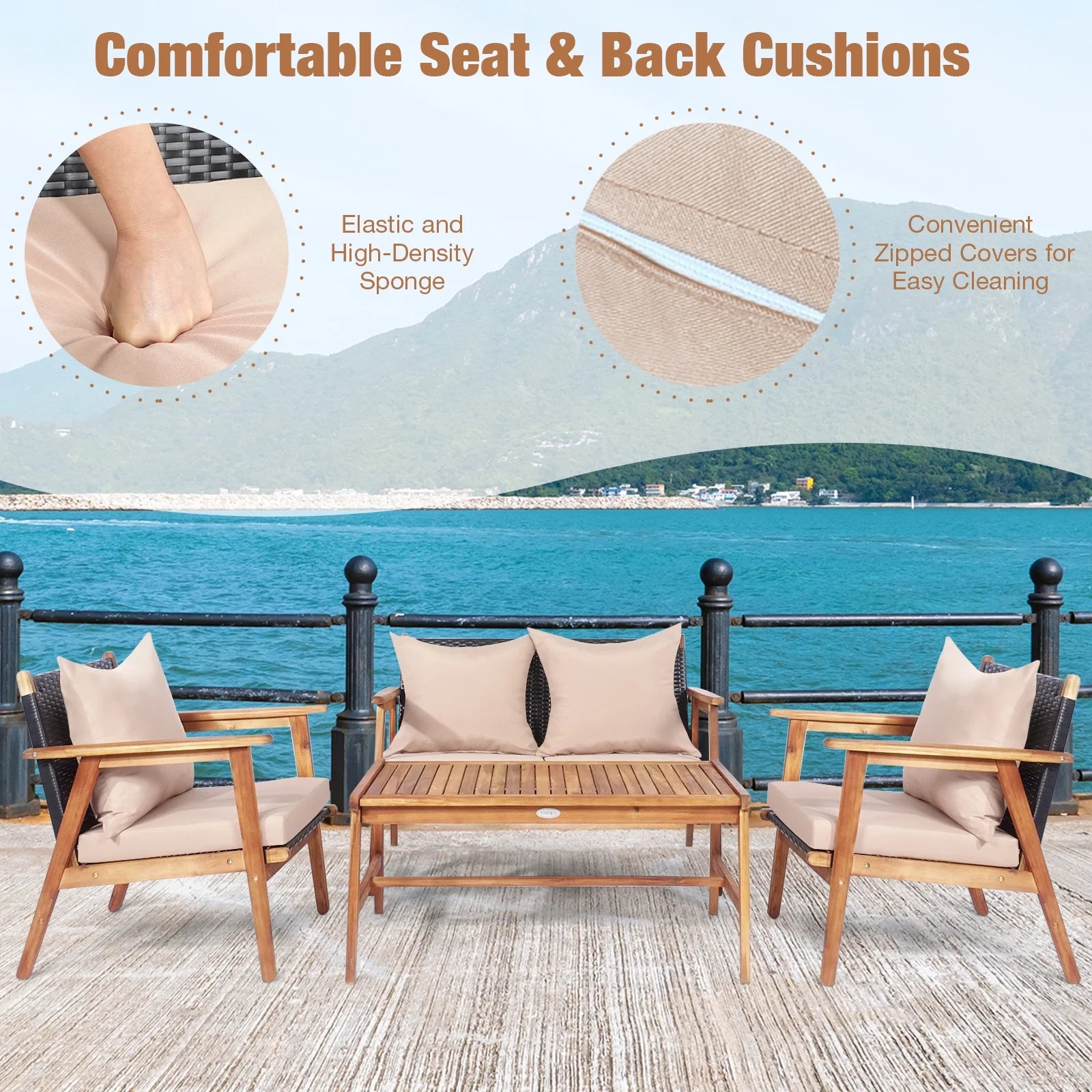 Patiojoy 8PCS Patio Rattan Furniture Set Wood Frame Cushioned Sofa with Coffee Table Sectional Conversation Sofa Set for Garden Brown