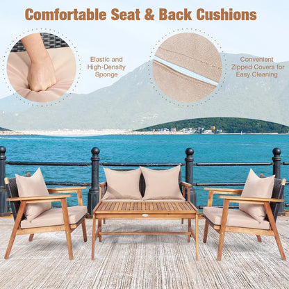 Patiojoy 8PCS Patio Rattan Furniture Set Wood Frame Cushioned Sofa with Coffee Table Sectional Conversation Sofa Set for Garden Brown