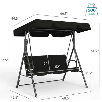Melocadol 3 Seats Outdoor Porch Swing Glider, Patio Swing Chair with All Weather Covered Canopy and Rust Proof Heavy Duty Stand, for Garden, Lawn, or Backyard, Black