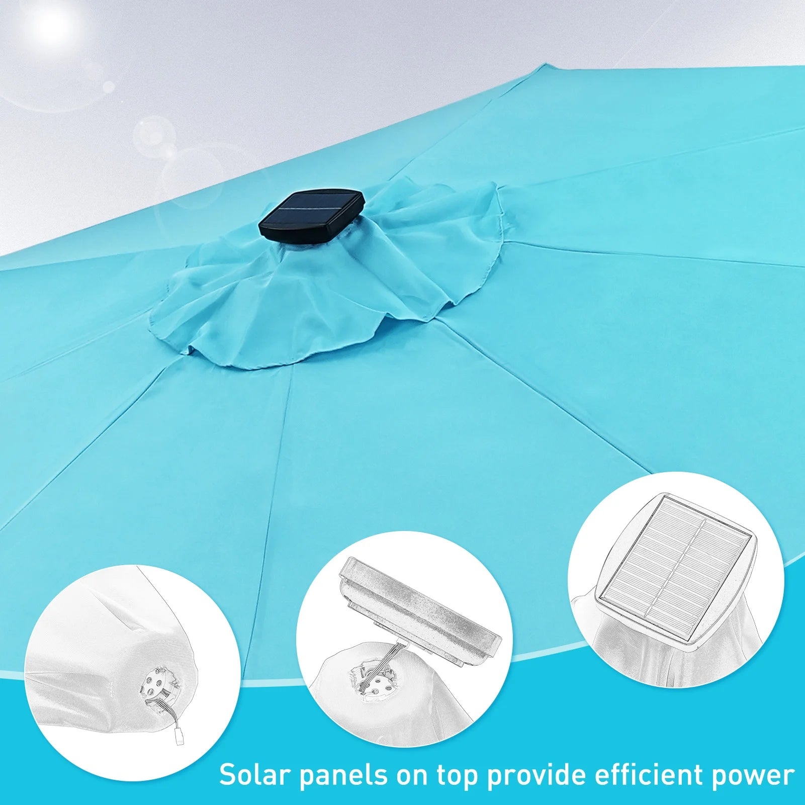 Autlaycil 10 FT Solar LED Lighted Patio Umbrella with LED Table Umbrella with 8 LED Strip Lights, Fade-resistant & Waterproof for Garden, Backyard, Poolside, Push Button Tilt (Blue)