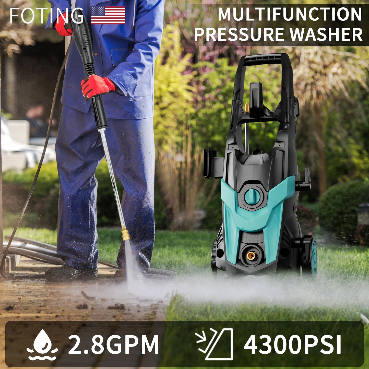 2024 Upgraded Electric Pressure Washer 4300 PSI 2.8 GPM Power Washer with Extra Hose, 23ft Hose 35ft Power Cord, 4 Nozzle and Detergent Tank for Cars, Fences, Patio