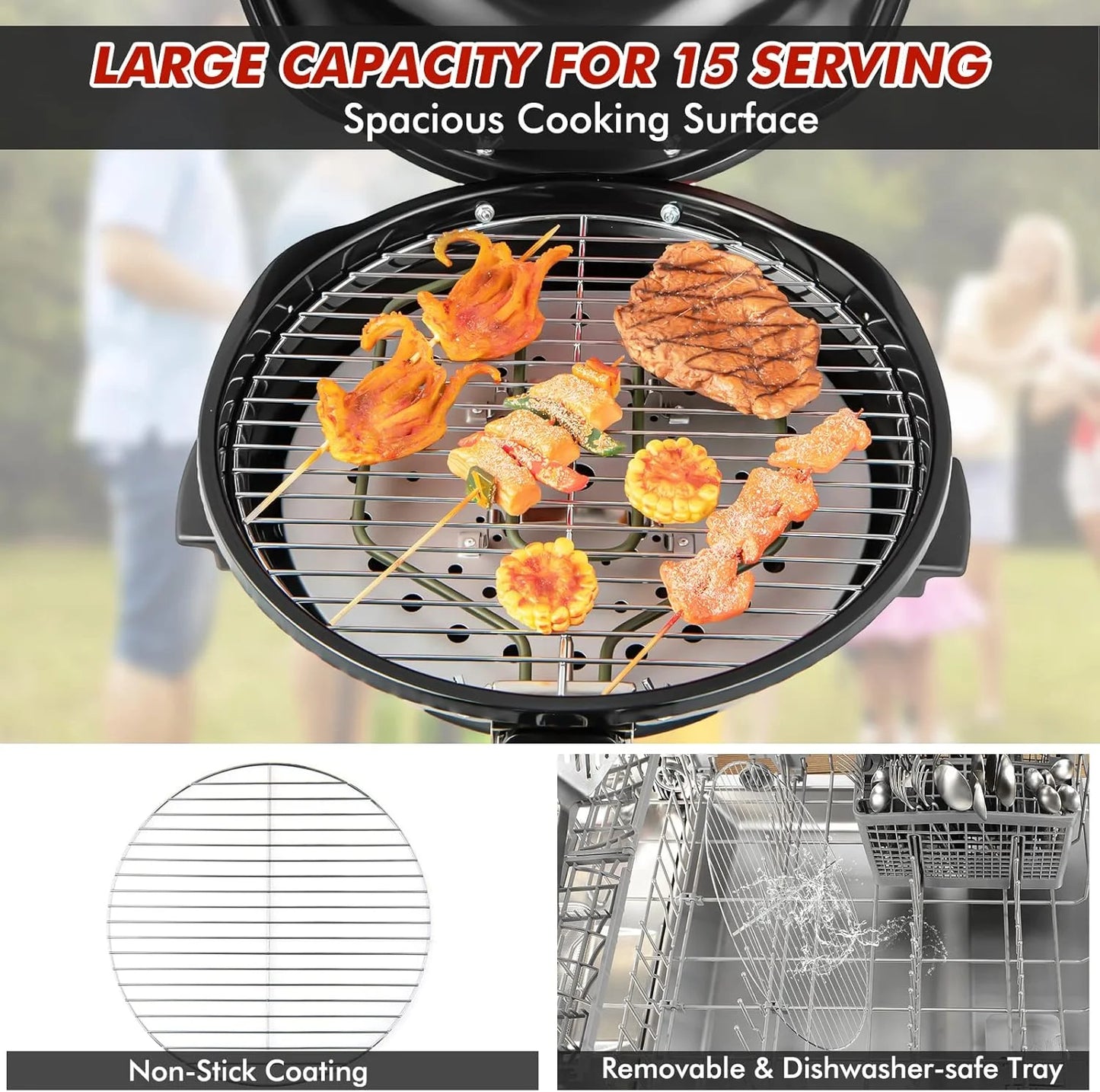 NALYL 1600W Outdoor Electric Grill BBQ Grill for 15-Serving, Electric Barbecue Grill for Indoor & Outdoor Use, Portable Stand BBQ Grill for Patio Balcony Kitchen Garden