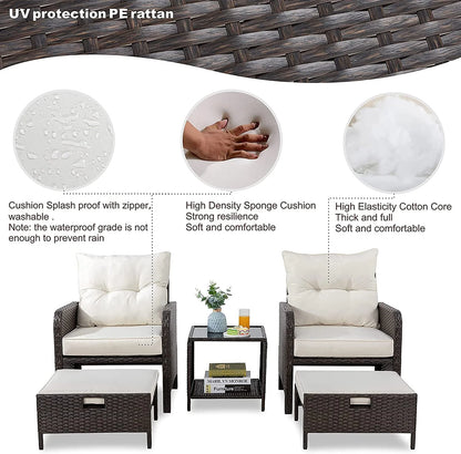 Sobaniilo 5 Piece Patio Furniture Set, Outdoor PE Wicker Chairs for Two with Ottoman Underneath(Beige)