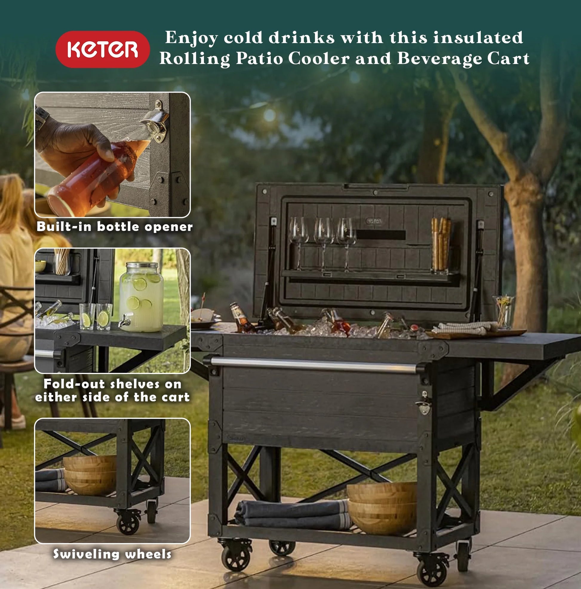 Open Box Keter Outdoor Patio Cooler Ice Chest Insulated Beverage Bar Cart, Gray