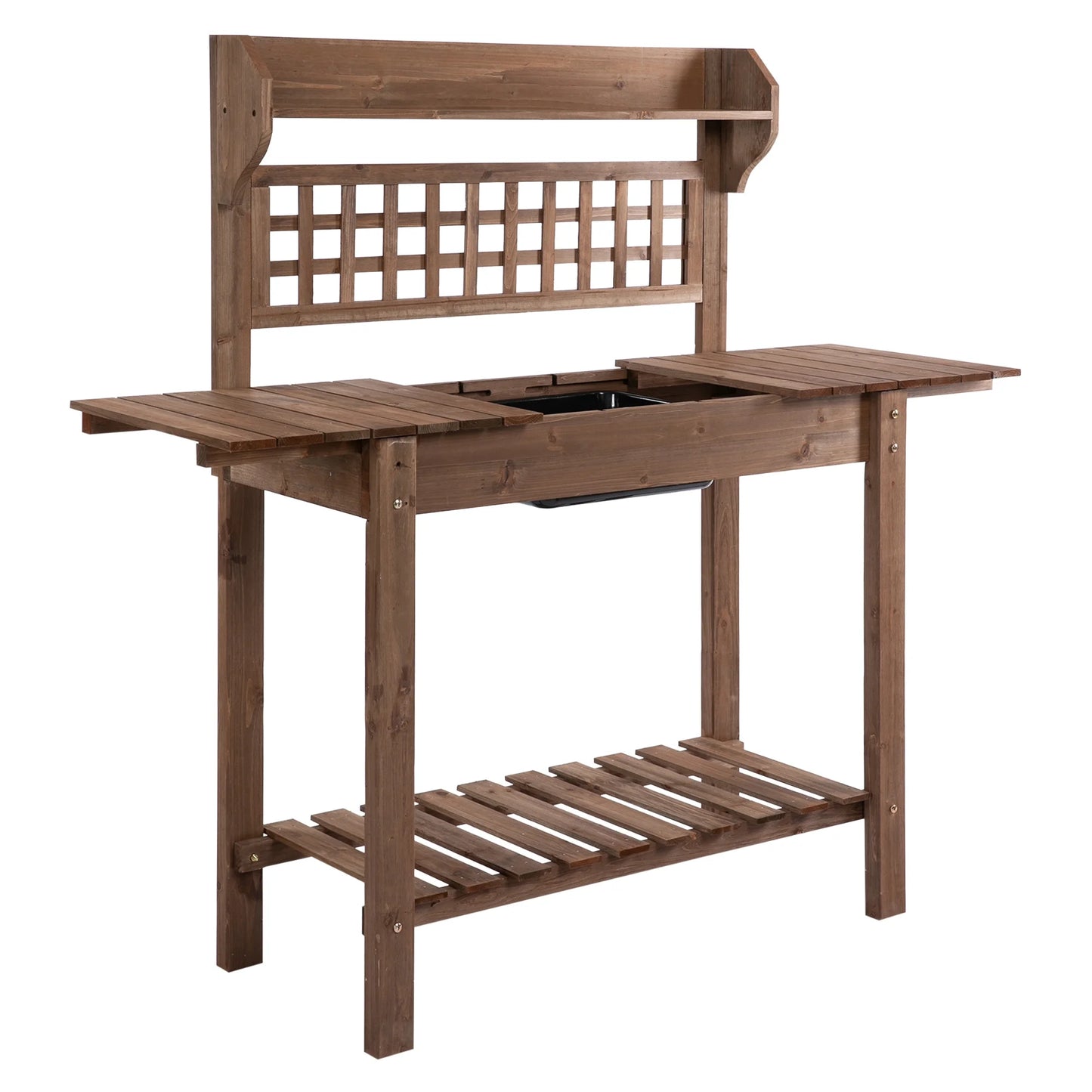 Outsunny Outdoor Potting Bench Table, Wooden Workstation with Sliding Tabletop, Storage Shelf and Dry Sink, for Greenhouse, Garden, Patio, Brown