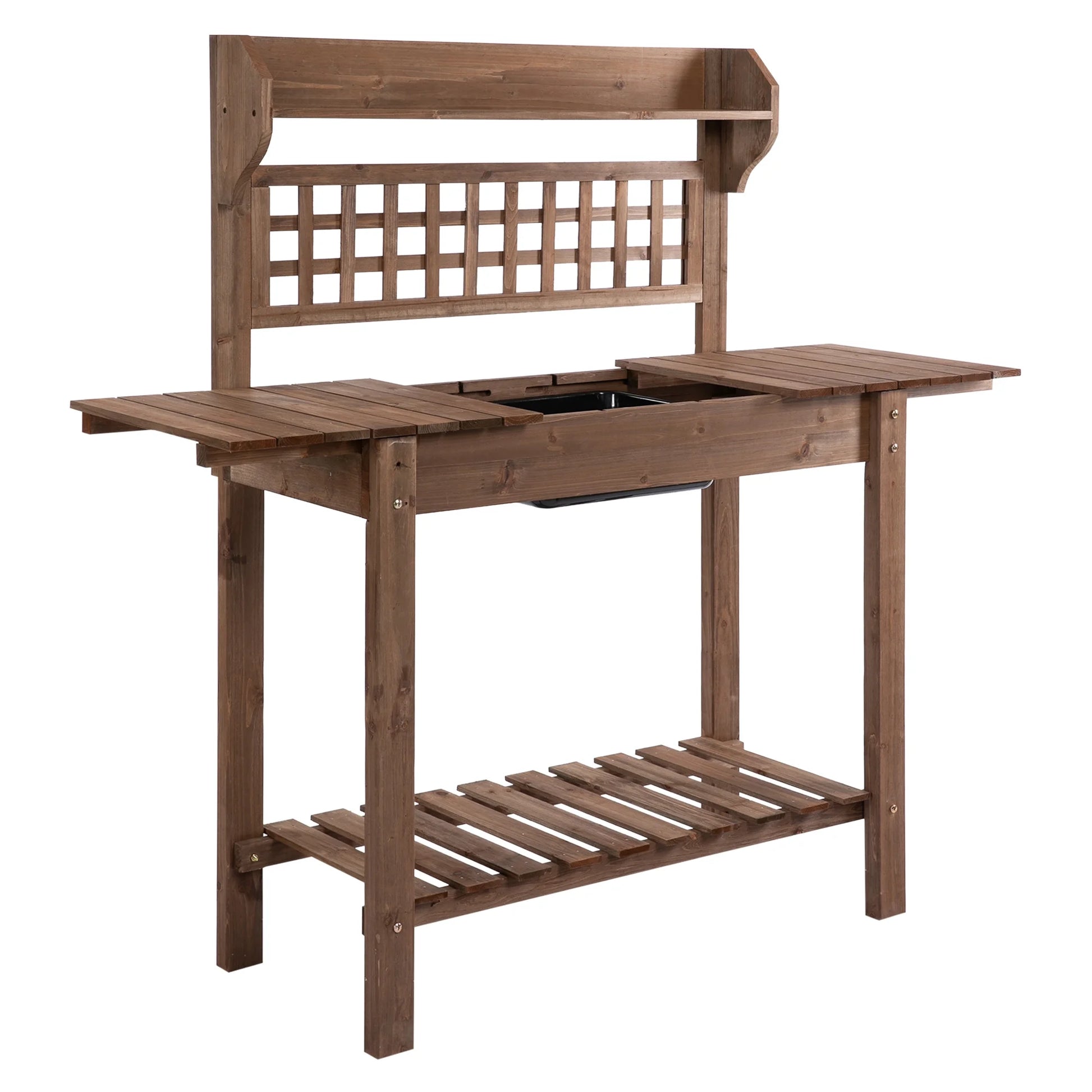 Outsunny Outdoor Potting Bench Table, Wooden Workstation with Sliding Tabletop, Storage Shelf and Dry Sink, for Greenhouse, Garden, Patio, Brown