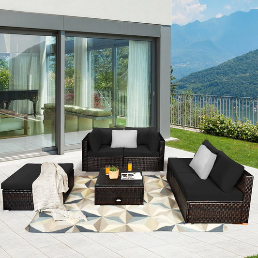 Gymax 6PCS Rattan Patio Sectional Sofa Set Outdoor Furniture Set w/Black Cushions