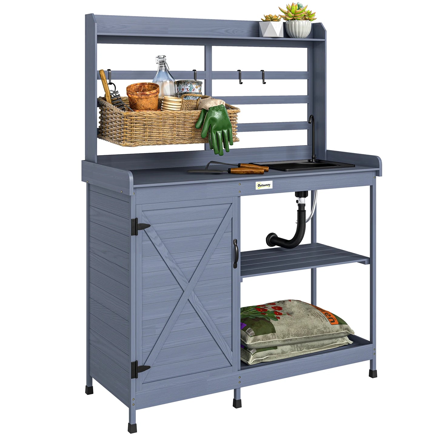 Outsunny Wooden Potting Bench, Outdoor Potting Table with Storage Cabinet, Storage Shelves, Sink, Water Tap for Backyard, Patio, Balcony, Gray