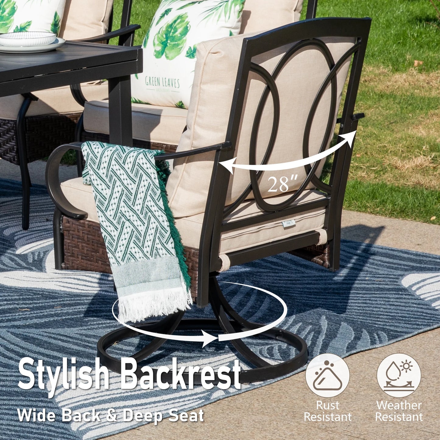 Summit Living Outdoor Patio Swivel Dining Chairs Set of 2 with Cushions, Wicker Outdoor Lounge Chair, Black & Beige