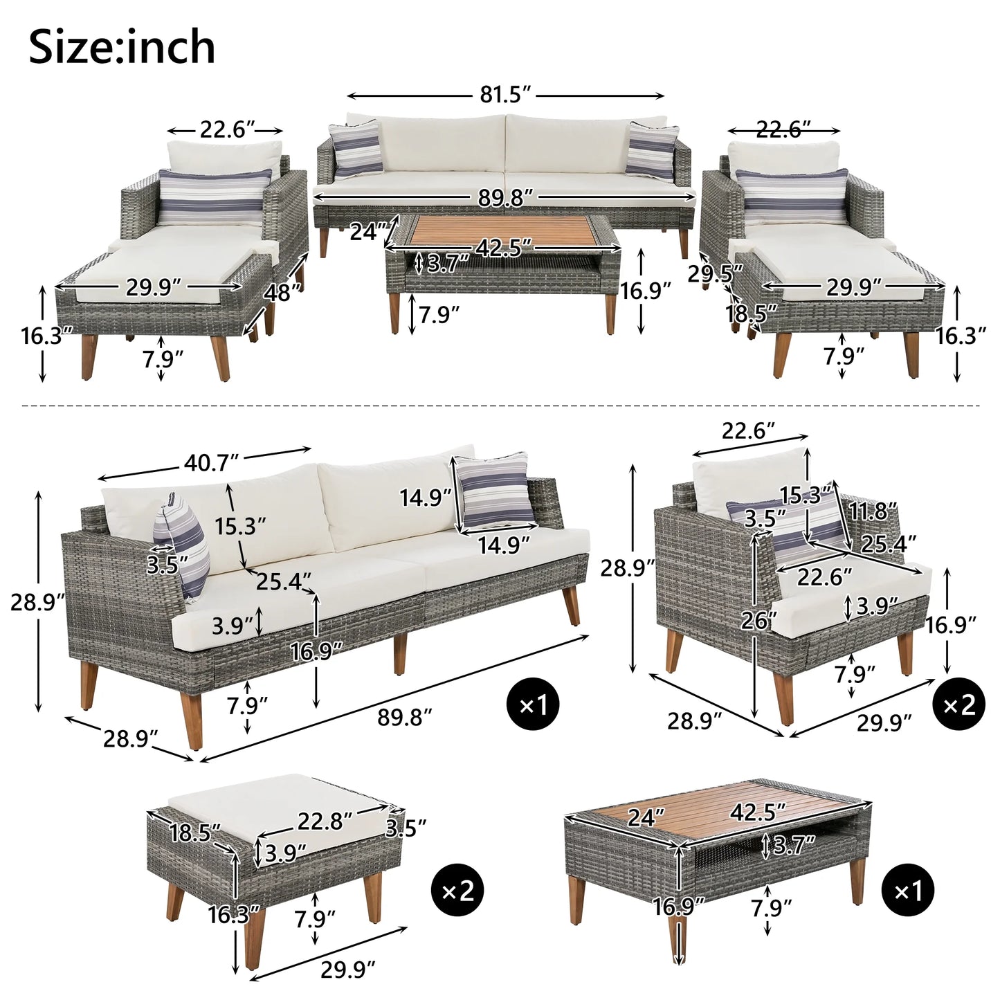 6 Pieces Wicker Patio Furniture Set Outdoor Conversation Set, All Weather PE Rattan Sectional Sofa Couch with Storage Table and Cushions, Beige