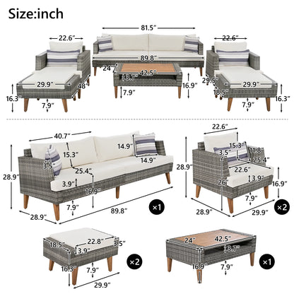 6 Pieces Wicker Patio Furniture Set Outdoor Conversation Set, All Weather PE Rattan Sectional Sofa Couch with Storage Table and Cushions, Beige
