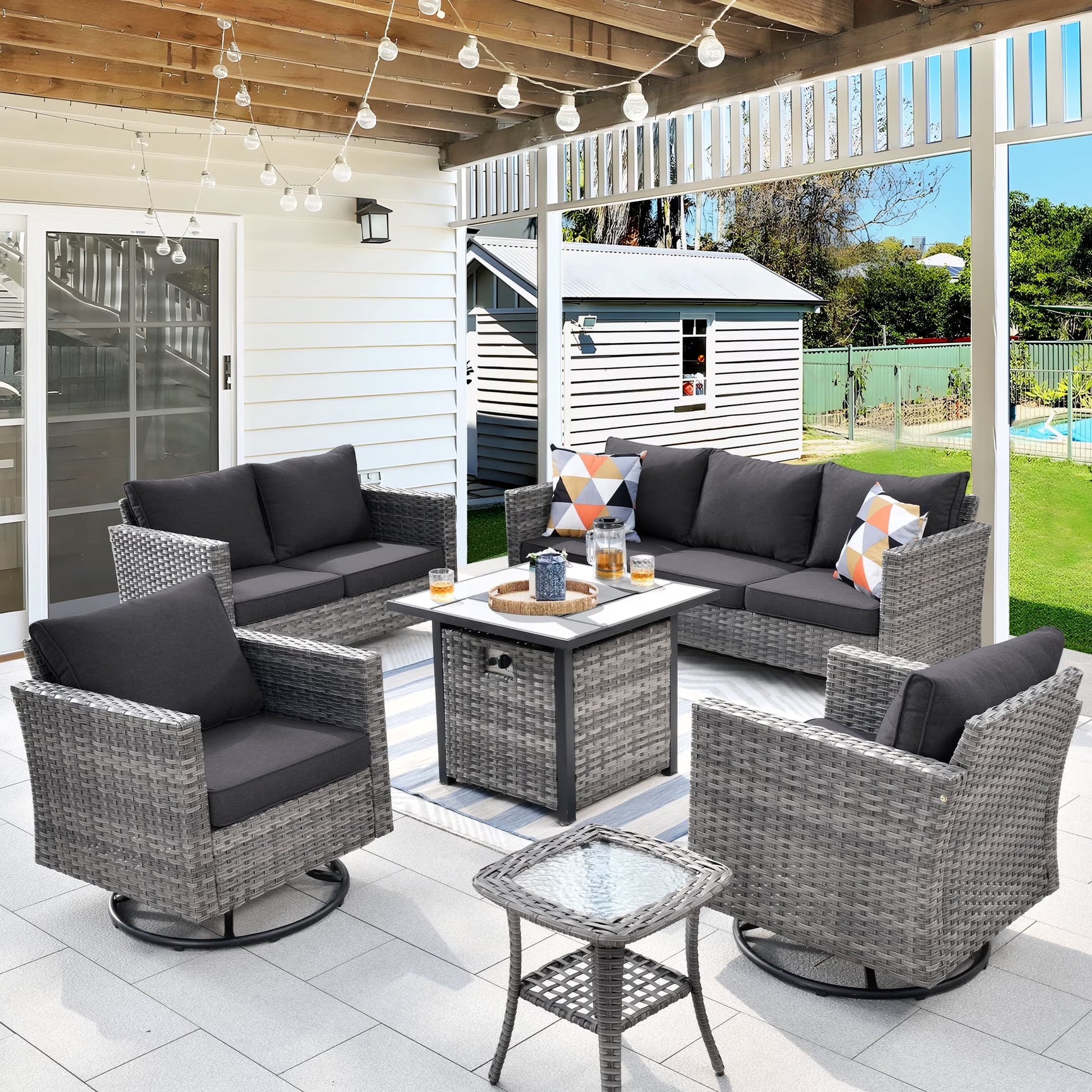 Ovios 6 Pieces Outdoor Patio Furniture Set with Gas Propane Fire Pit Table Wicker Outdoor Conversation Set with Swivel Rocking Chair for Backyard, Cushion Beige