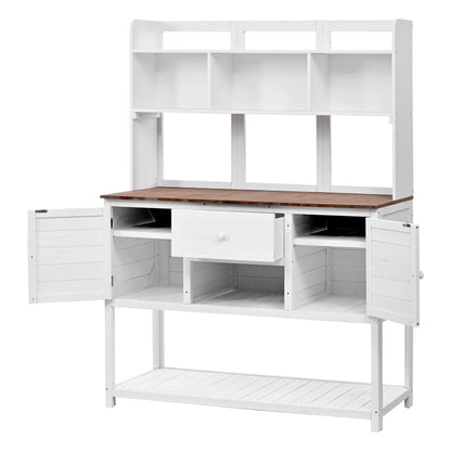 Garden Potting Bench Table with Hutch, Patio Storage Workstation with Adjustable Shelves, 1 Drawer, 2 Cabinets and 3 Side Hooks for Mudroom, Doorway, White