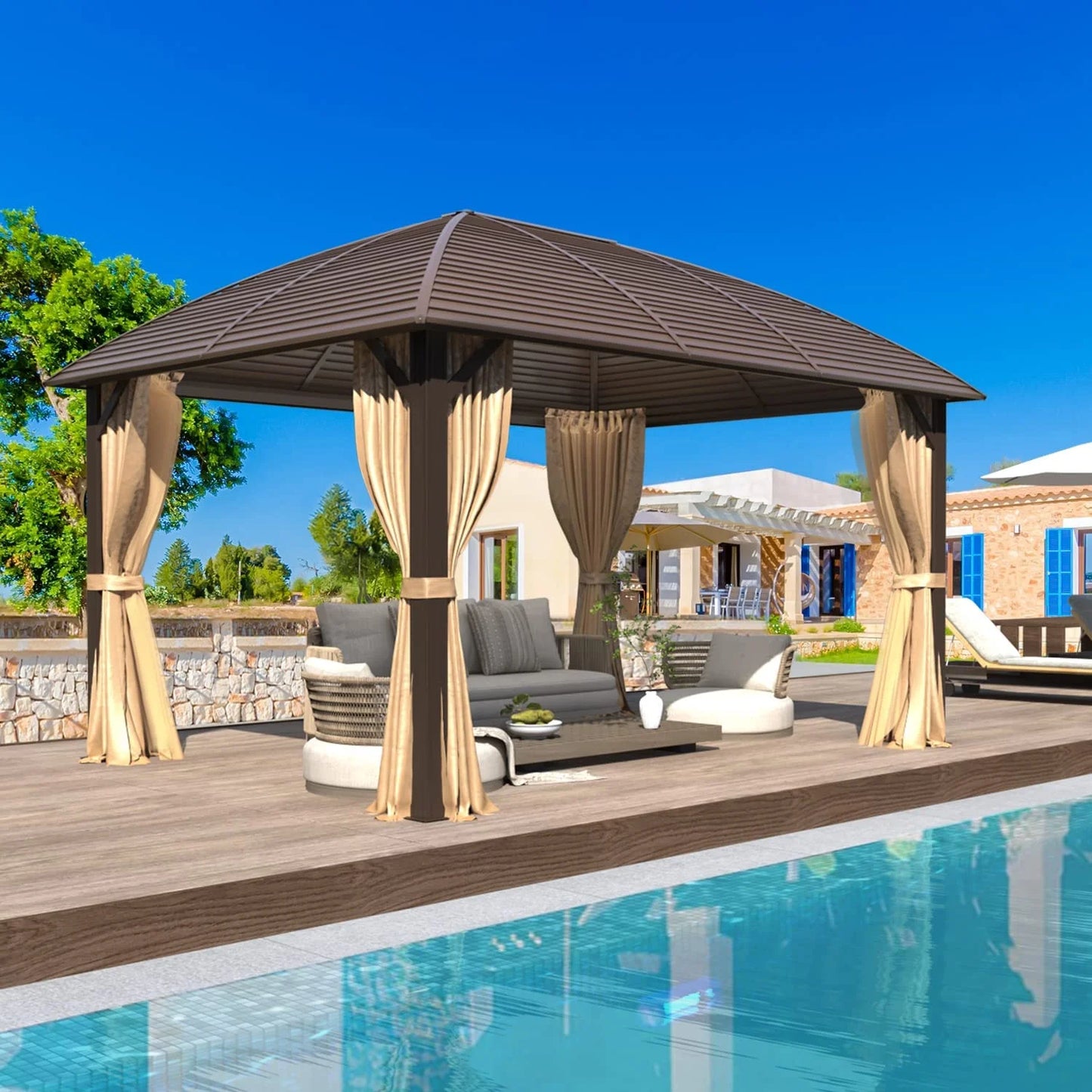 EROMMY 10'x13' Hardtop Gazebo with Arc Galvanized Steel Roof, Aluminum Frame, Curtain and Netting for Lawns, Patios, Decks and Backyard
