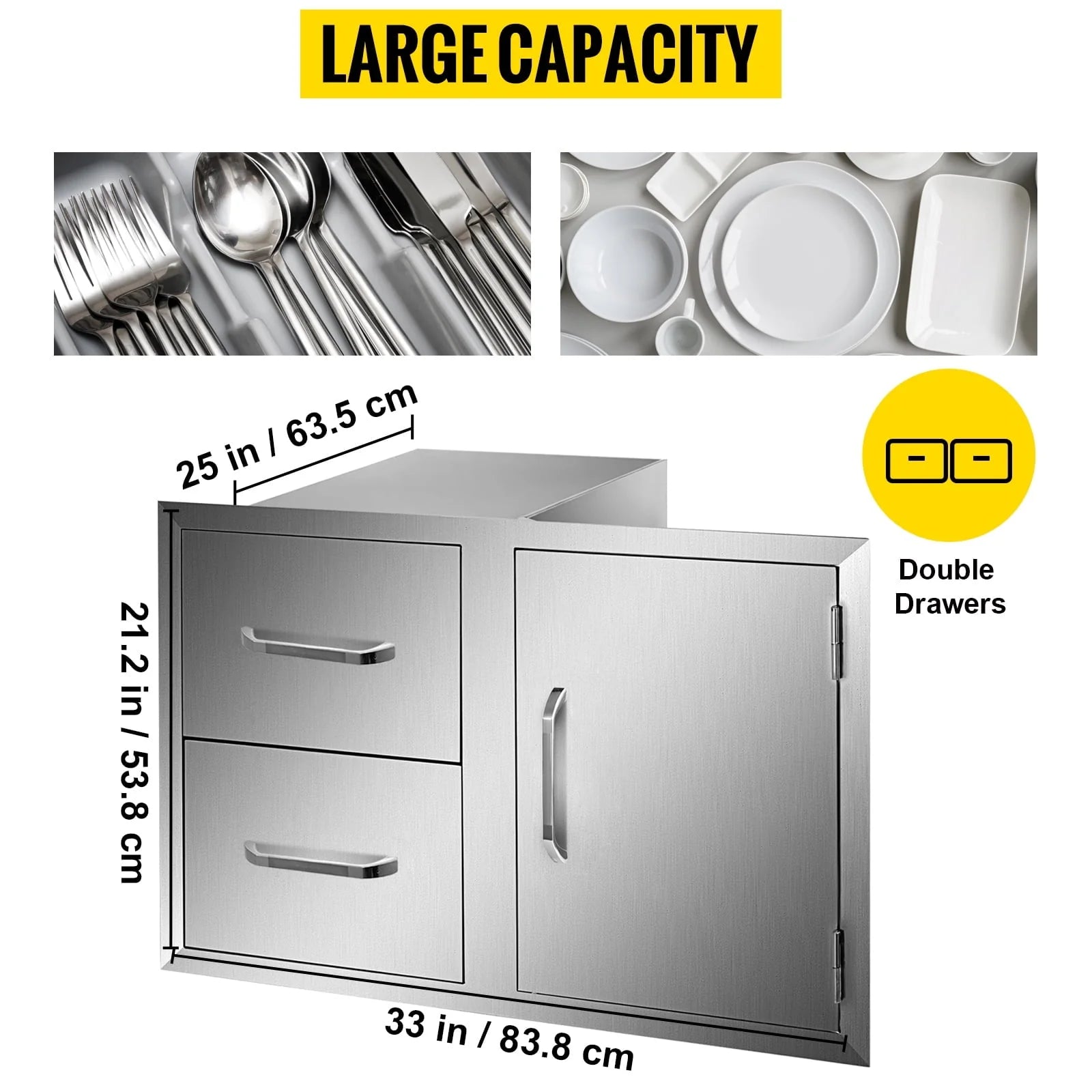 Outdoor Kitchen Door Drawer Combo 35.4" W x 23.6" H x 24.4''D, BBQ Access Door/Double Drawers Combo with Stainless Steel Handles, Perfect for Outdoor Kitchen or BBQ Island Patio Grill Station