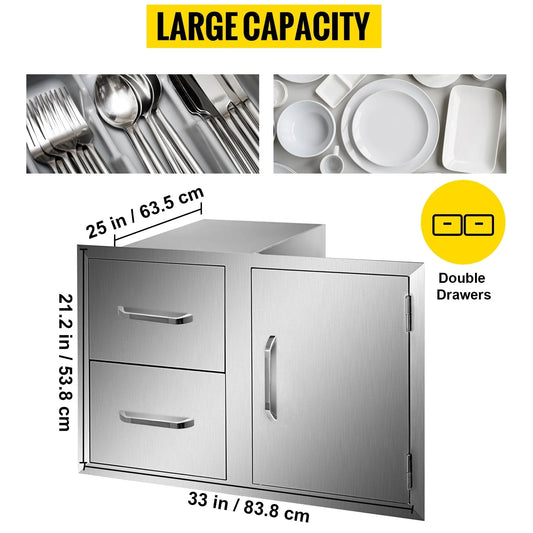 Outdoor Kitchen Door Drawer Combo 35.4" W x 23.6" H x 24.4''D, BBQ Access Door/Double Drawers Combo with Stainless Steel Handles, Perfect for Outdoor Kitchen or BBQ Island Patio Grill Station