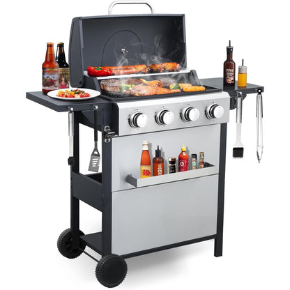 Furnibear 4 Burner BBQ Propane Gas Grill, Stainless Steel 34,000 BTU Patio Garden Barbecue Grill with Two Foldable Shelves