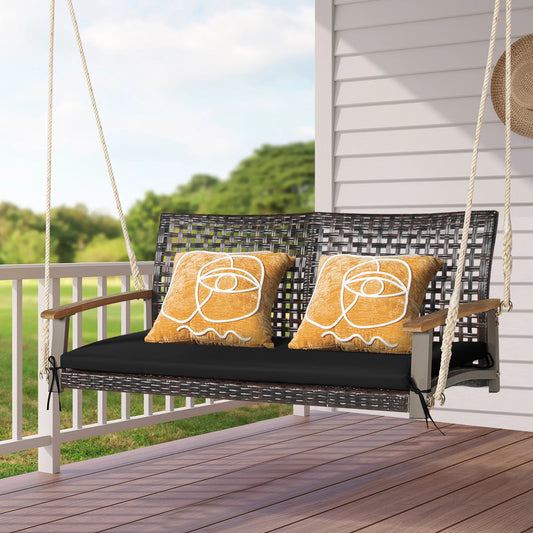 Costway 2-Person Patio Rattan Hanging Swing Chair Porch Loveseat Cushion Black