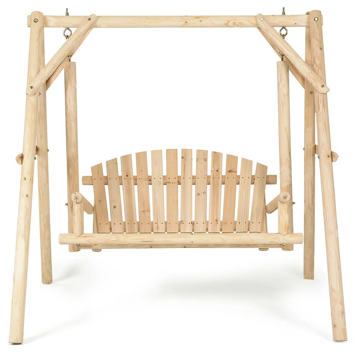 Gymax Wooden Porch Swing Outdoor Patio Rustic Torched Log Curved Back Bench A-Frame