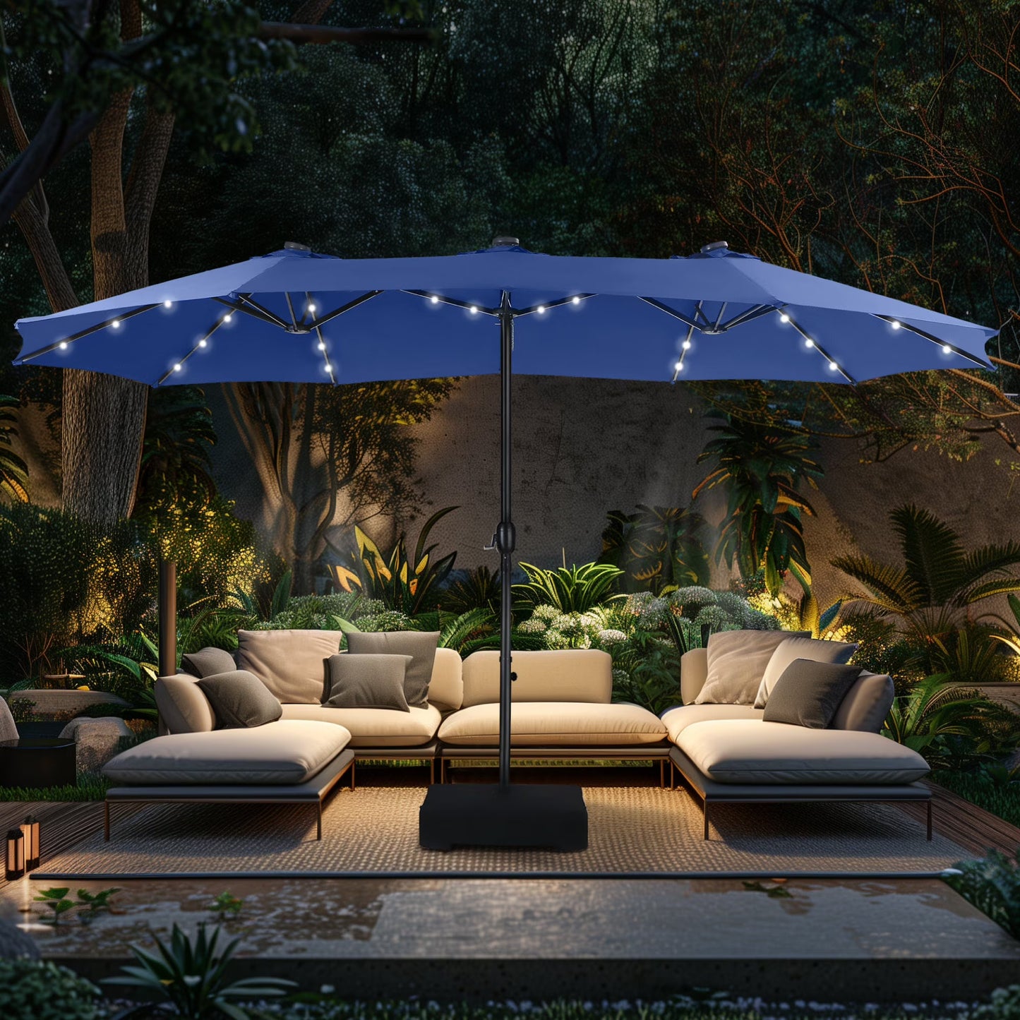 Alpha Joy 15ft Extra Large Outdoor Patio Double-Sided Umbrella with LED Solar Lights & Umbrella Base, Beige