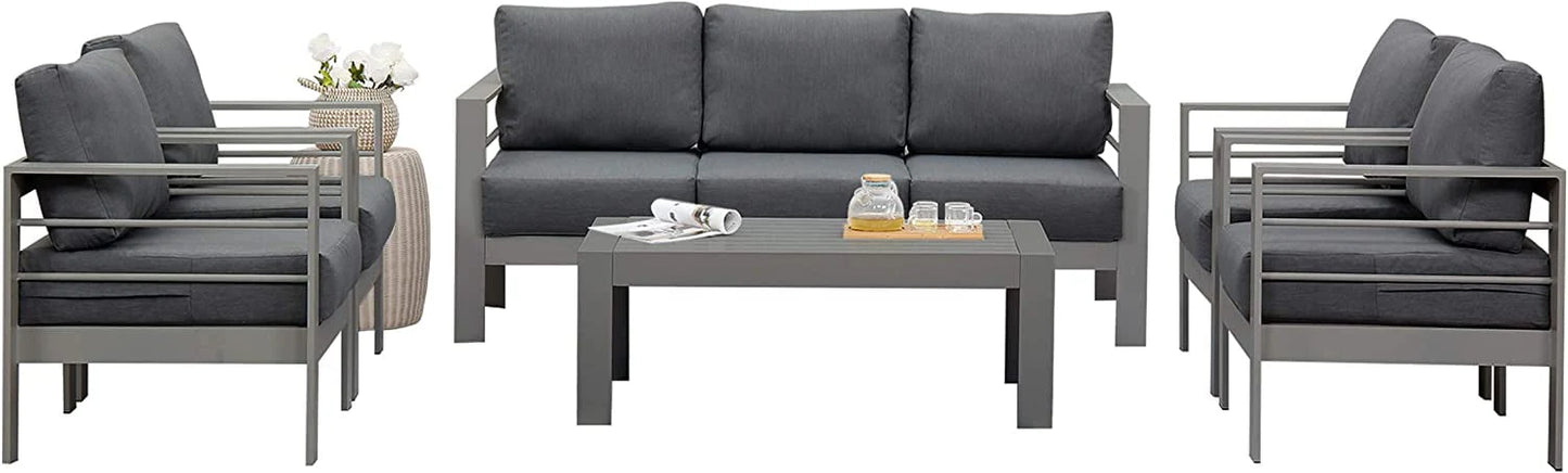 Superjoe Patio Furniture Aluminum Sofa All-Weather Outdoor 3 Seats Couch Gray Metal Chair with Dark Grey Cushions