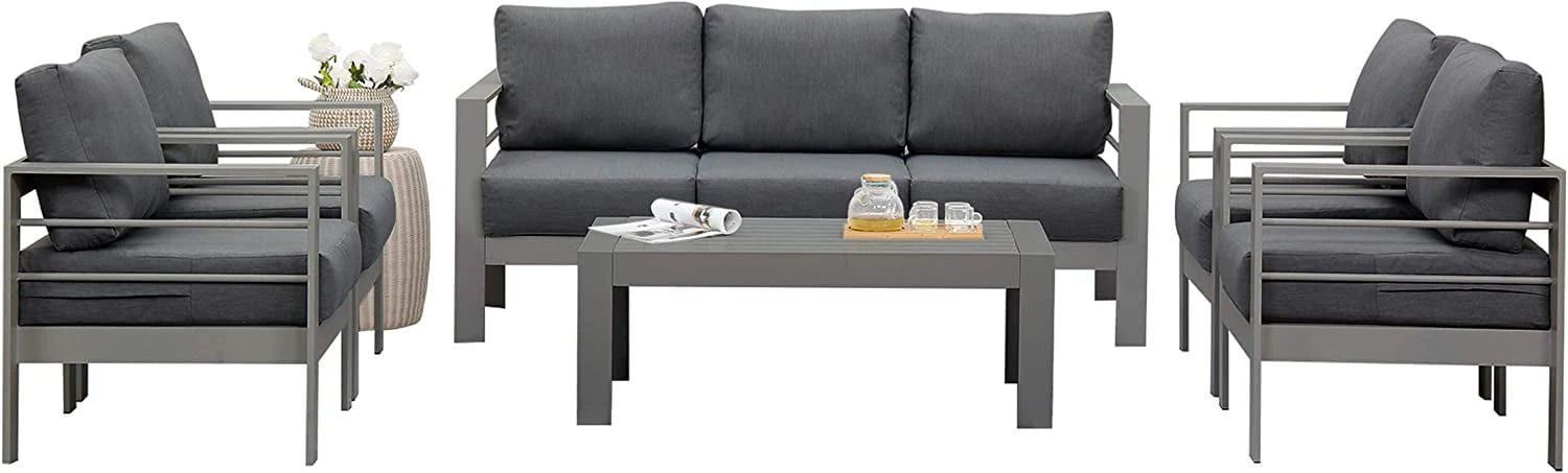 Superjoe Patio Furniture Aluminum Sofa All-Weather Outdoor 3 Seats Couch Gray Metal Chair with Dark Grey Cushions