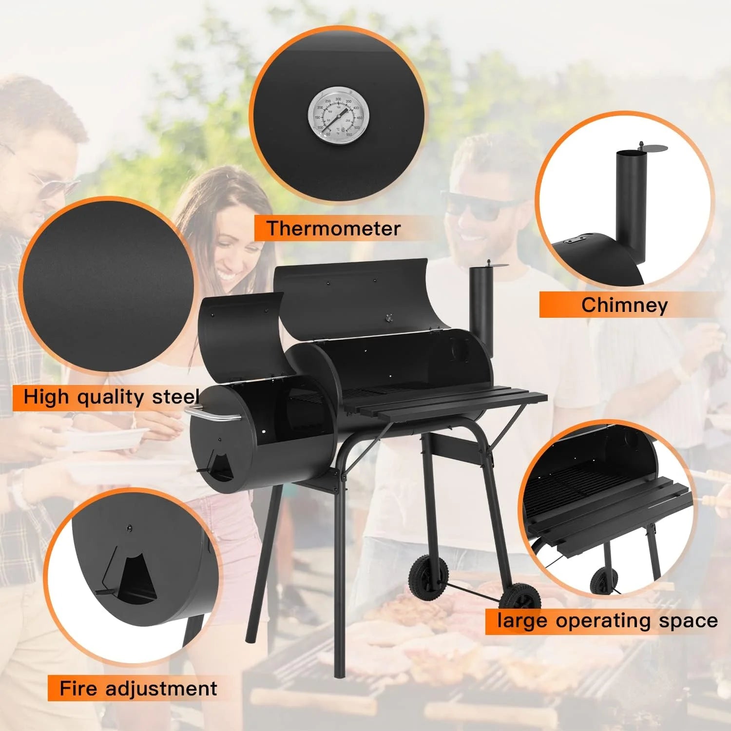 YRLLENSDAN 43 Inch Charcoal Grills with Smoker, BBQ Pit BBQ Grill Charcoal Outside Grill for 6-10 People, Offset Smoker, Braised Roast, Patio and Backyard Picnic Grill, Black
