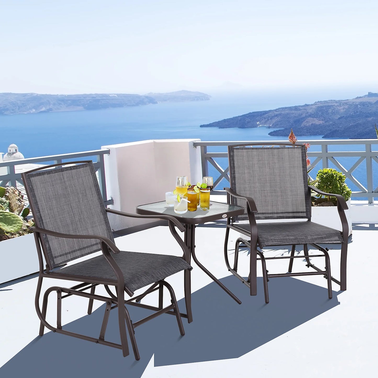 Outsunny Set of 3 Rocking Glider Chair w/Table Mesh Patio Outdoor Furniture, Gray