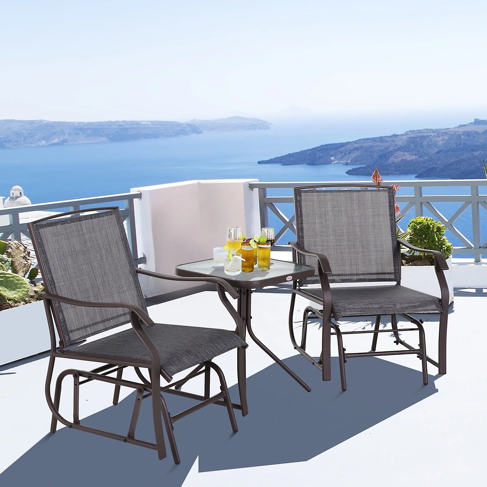Outsunny Set of 3 Rocking Glider Chair w/Table Mesh Patio Outdoor Furniture, Gray